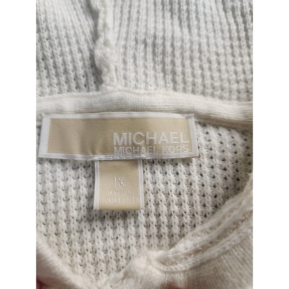 Michael Kors Womens 1X White Waffle Knit Hooded Pullover Sweater Gold Hardware